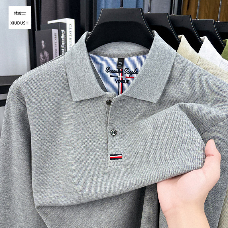 Factory direct sales of 100% pure cotton long-sleeved polo shirts for men, new spring and autumn styles, casual solid color, versatile turn-down collar T-shirts for men.