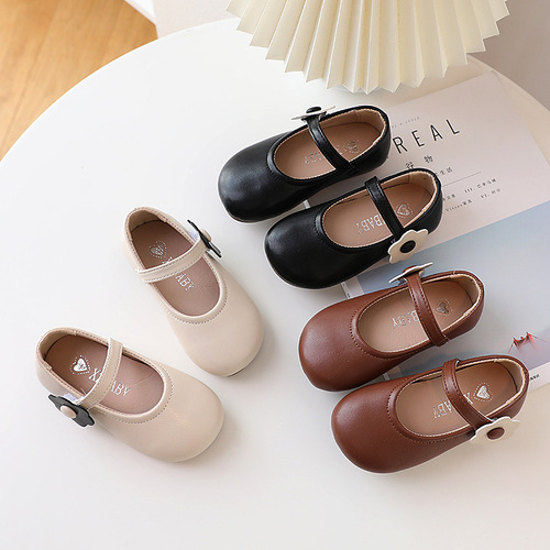 Children's Leather Shoes 2024 Spring Style Round Toe Girls Fashionable Princess Shoes Flower Baby Shoes Cross-border