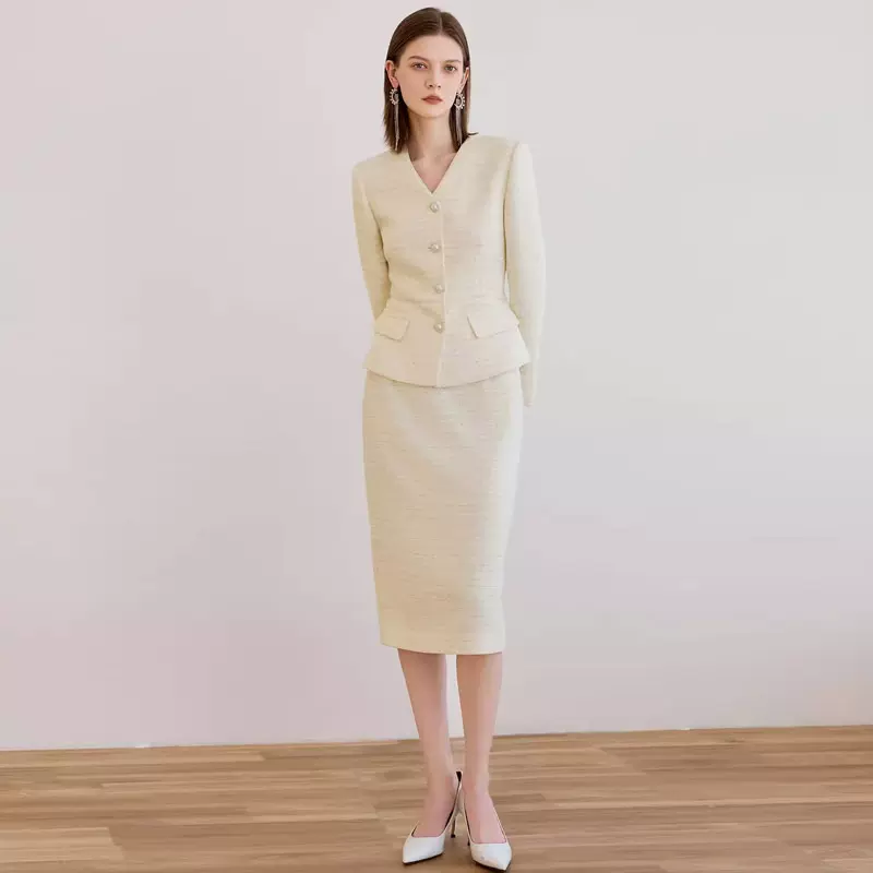 秋冬小香风米色V领粗花呢女裙套装修身显瘦气质包臀高级感职业装