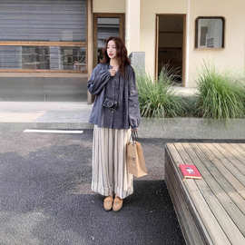 春秋女装新款森系格子花边领后背扣子宽松长袖衬衫女衬衣上衣套装