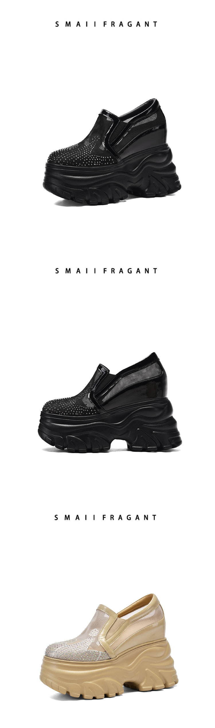 Giày sneaker platform nữ đế dày 12cm, lưới thoáng khí, phong cách loafer lỗ xỏ — Màu đen chi tiết 7