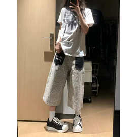 原创美式复古豹纹牛仔裤女秋季口袋设计高街垂感直筒长裤