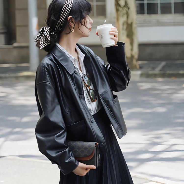 高级感帅气宽松pu皮皮衣外套女2025春秋季新款哑光黑色廓形皮夹克