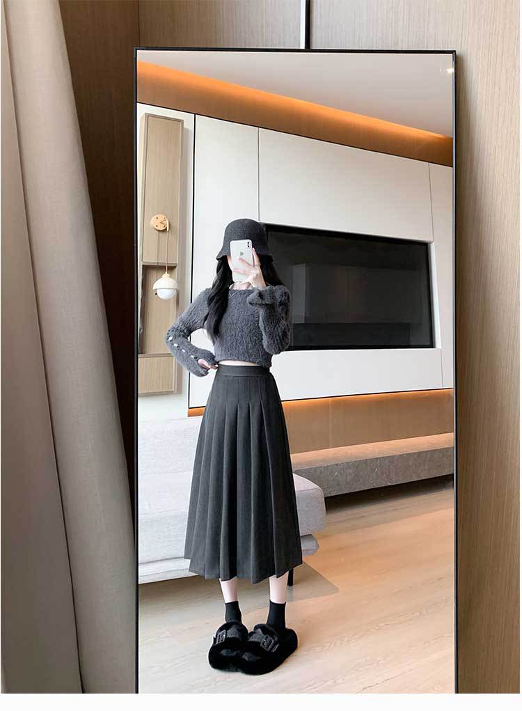 2023 outono/inverno nova saia plissada espessada com elástico e cintura alta emagrecimento e ajuste solto temperamento saia de comprimento médio_voghion.com
