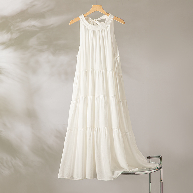 Tea Break French Halterneck Off-Shoulder Dress Women's Summer Elegant Fairy Skirt Travel Vacation White Cotton Silk Over-The-Knee Skirt