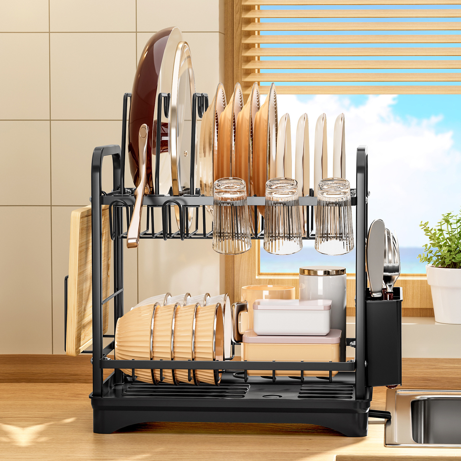 Estante de cocina de Amazon, tapa de olla de gran capacidad, taza de plato, palillos, almacenamiento multifuncional, drenaje, estante de acabado de cocina