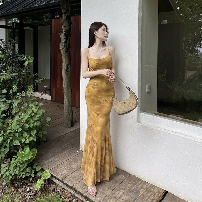 Girls Casual Butterfly Print Suspender Dress Women's Summer Temperament Sexy Waist-Covering Hip Fishtail Floral Long Skirt