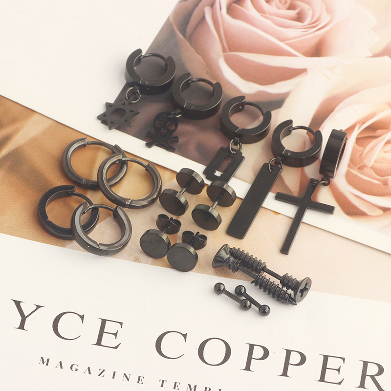 17 Pieces Set Men Stud Earrings Stainless Steel Pierced Earrings Set Black Silver Cross Earrings detail image 27