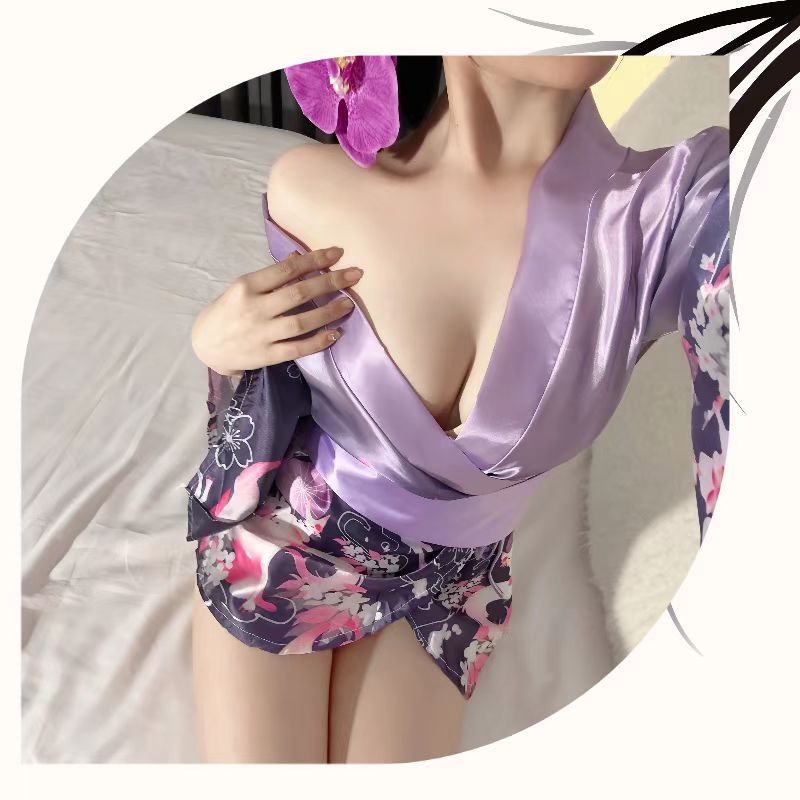 Japanese Kimono Cosplay Lingerie Set with Pink Robe and Body Stocking, Polyester, One Size — detail image 2