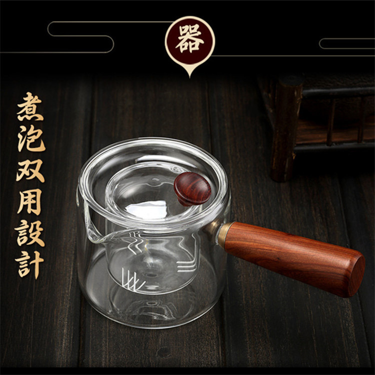 侧木把玻璃茶壶 高硼硅玻璃花茶泡茶壶 可电陶炉普洱煮茶壶家用