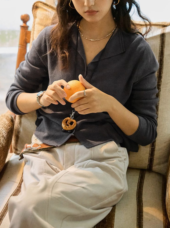 solighter 法式苎麻翻领长袖针织开衫女秋季|undefined