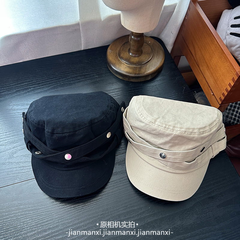 早秋休闲铆钉黑色平顶帽子女秋冬休闲气质百搭高级感骑士帽马术帽|undefined