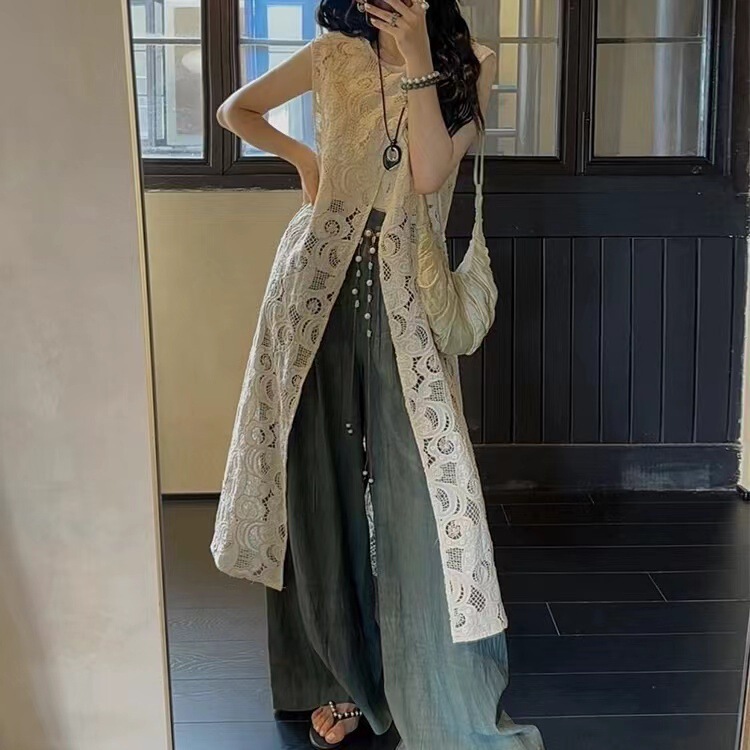 In-Stock Chinese-Style New Fashion Vest for Women, 2026 New Thin Summer Lace Cardigan, Mid-Length Trendy Style