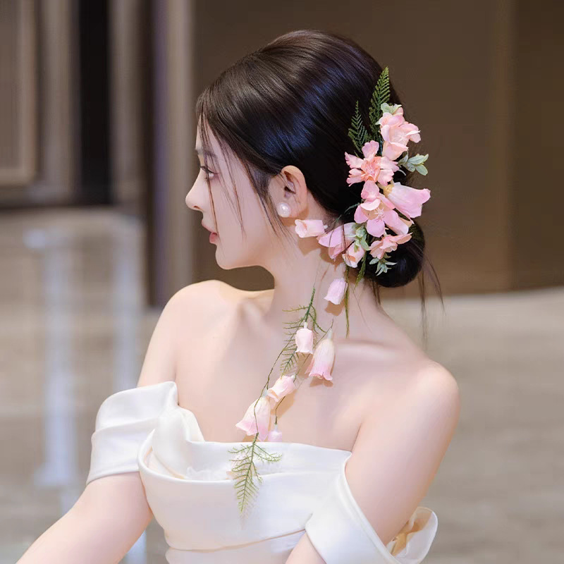 フォレストスタイルの手作りロマンチックなピンクの花嫁模擬花ヘアアクセサリー超妖精甘いウェディングドレスアクセサリー年齢を減らす帽子|undefined