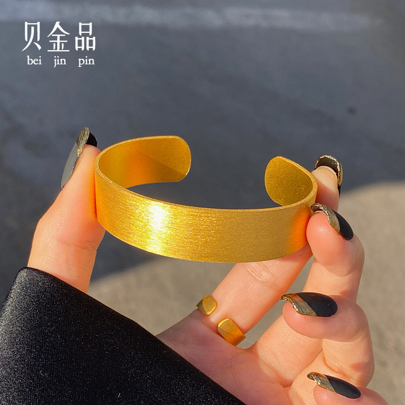 足金999宽版开口手镯黄金古法拉丝女士高级感纯金手环活口金手镯
