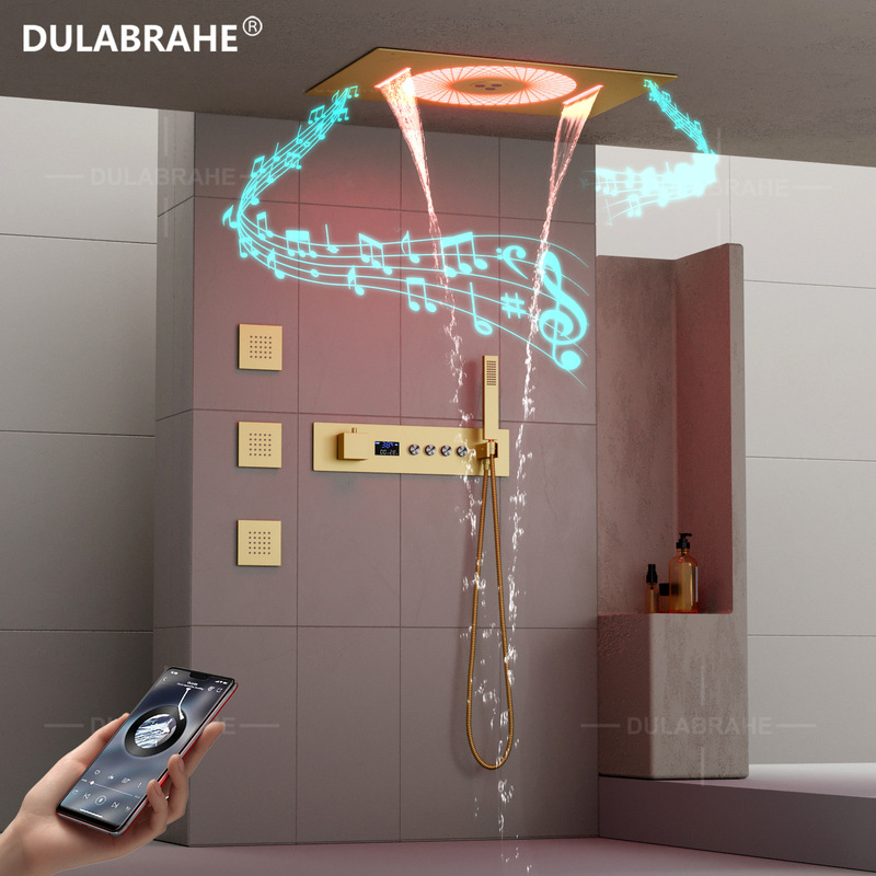 Wire drawing gold LED music shower suit 60x 40cm ceiling concealed digital display constant temperature shower system