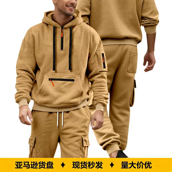 Cross-border European and American men's solid color crew neck loose hoodie long-sleeve pullover sweatshirt and sweatpants set