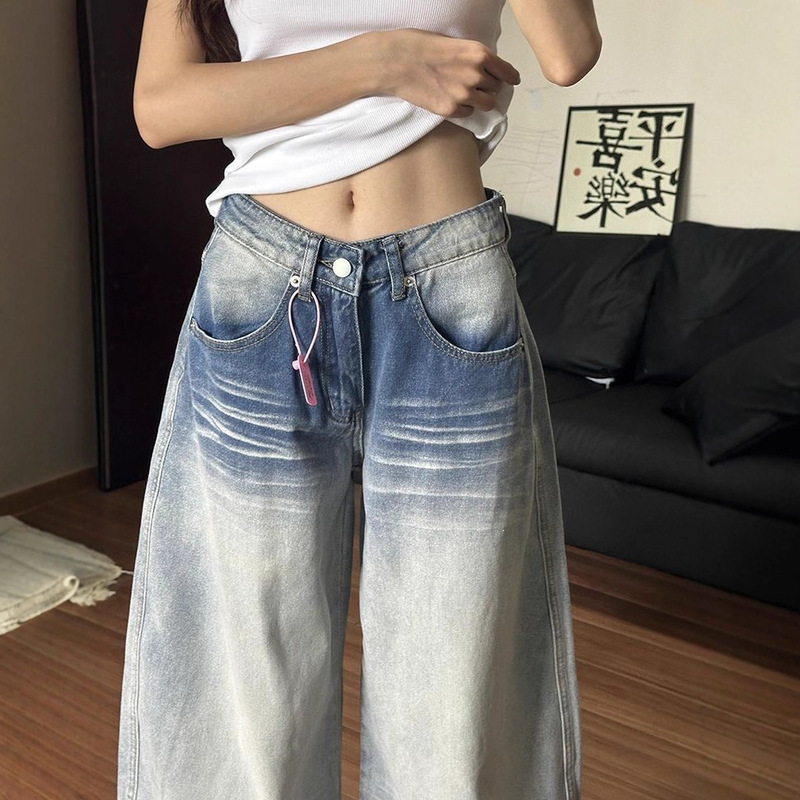 Light-Colored Washed Faded Whiskered Wide-Leg Jeans for Women, Autumn New Low-Waist Loose Slimming Straight-Leg Floor-Length Pants Light-Colored Washed Faded Whiskered Wide-Leg Jeans for Women, Autumn New Low-Waist Loose Slimming Straight-Leg Floor-Length Pants