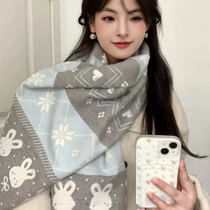 三色小兔围巾韩复古流苏女秋冬季学生百搭保暖氛围感围脖一件代发