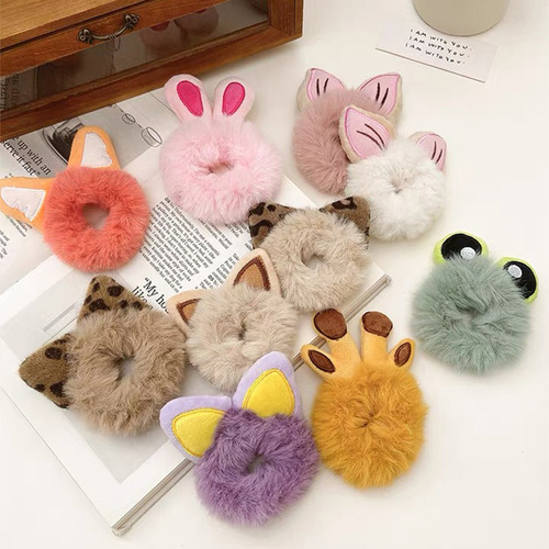 Children's Plush Large Intestine Hair Tie for Autumn/Winter, Cartoon Hair Ring, Ear Hair Ties, Ponytail Hairband, Rubber Bands, Hair Accessories with Plush Hair