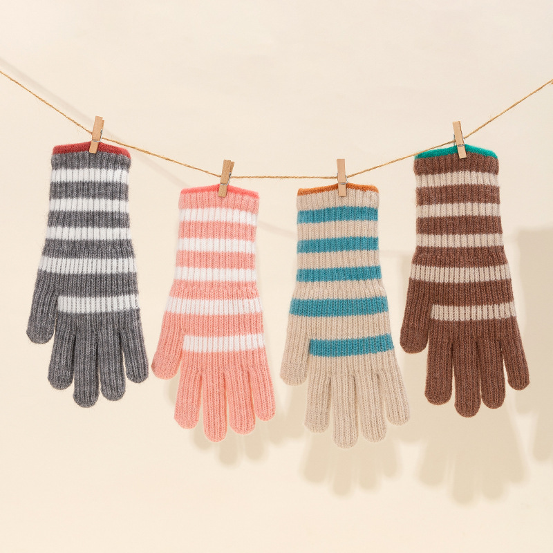 韩国东大门条纹加长款漏指开洞手套女冬季保暖防寒ins潮针织毛线