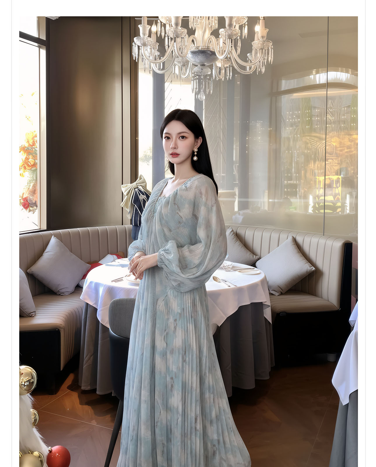Đầm maxi nữ thắt eo phong cách Tân Trung Hoa in họa tiết thêu ren — xanh lam chi tiết 9