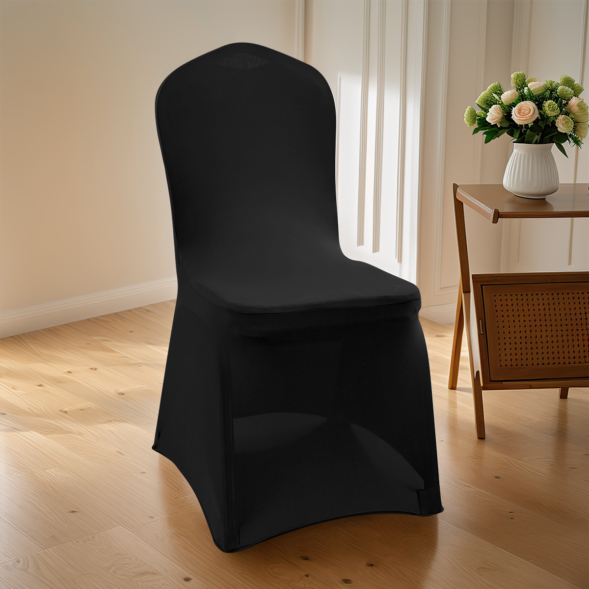 Ventas transfronterizas de seda de leche elástica banquete cuadrangular cubierta de silla de esquina general restaurante hotel cubierta de silla de boda de color sólido