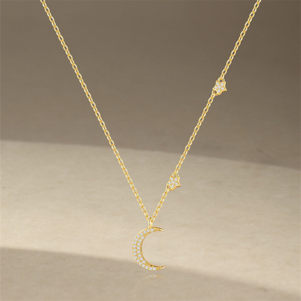 Holiday, Daily Occasion 925 Sterling Silver Material 925 Sterling Silver Zircon Cable Chain Plating Star Moon Pendant Necklace