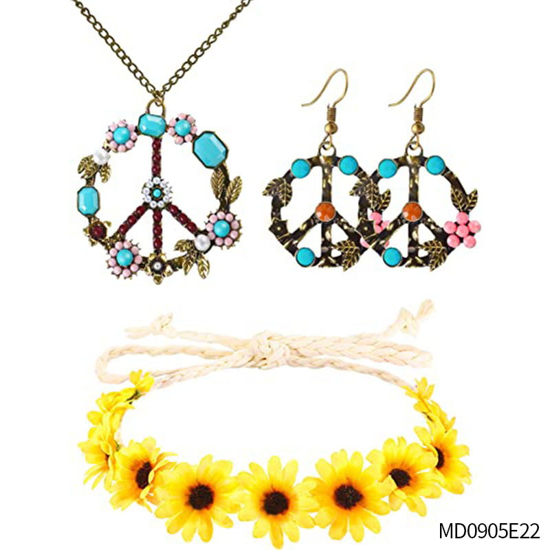 Accesorios de vestir hippies de la década de 1960, diadema de girasol, gafas redondas, conjunto de aretes de collar de talismán de paz