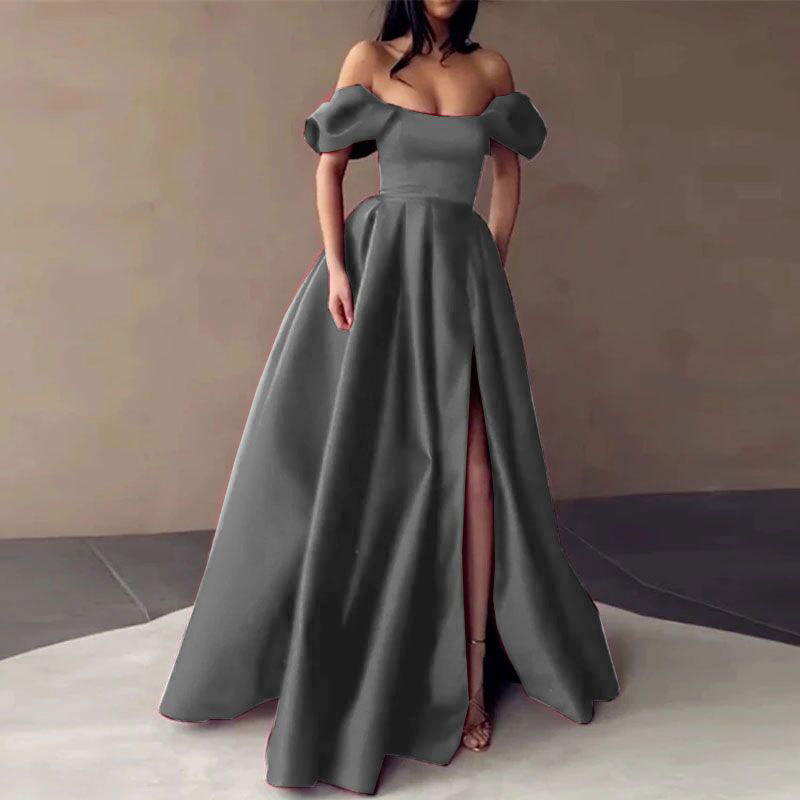 Europeo y americano Amazon AliExpress deseo nuevo vestido de cena de satén de hombro simple elegante adelgazamiento A-Line