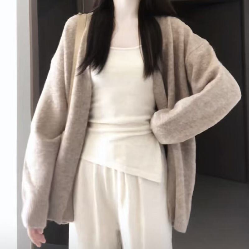 复古咖色宽松长袖毛衣女春季新款慵懒风外搭中长款小众针织开衫潮|undefined