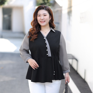 [2025 new] plus size women's fashion slim V-neck stitching shirt skirt chubby girl Joker waist top women