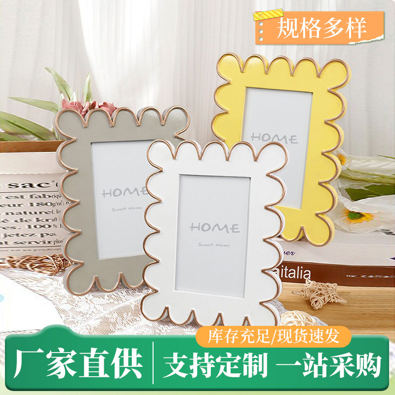 Minimalist Ins-Style Cream Gold-Edged Resin Photo Frame 4*6inch Standing Tabletop Photo Frame for Home Desktop Photo Decoration