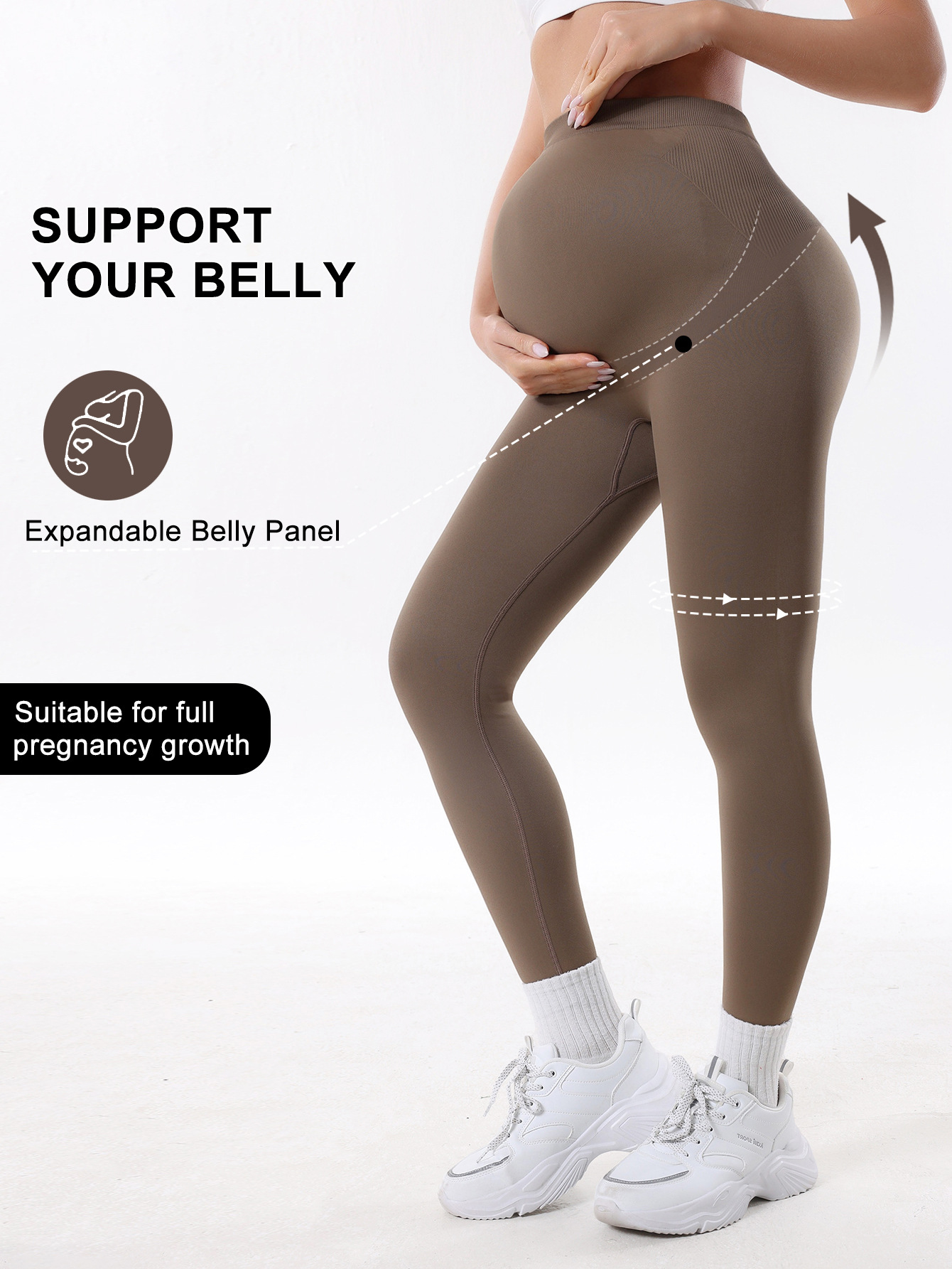 Pantalones de yoga sin costuras de estilo europeo y americano para mujeres embarazadas con bolsillos, pantalones de maternidad para fitness, leggings de maternidad ajustados que realzan los glúteos.