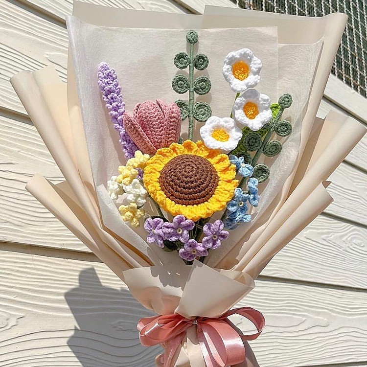 Tulipanes margaritas ramos tejidos a mano hilo de lana crochet flores terminadas para novias y novias regalos navideños