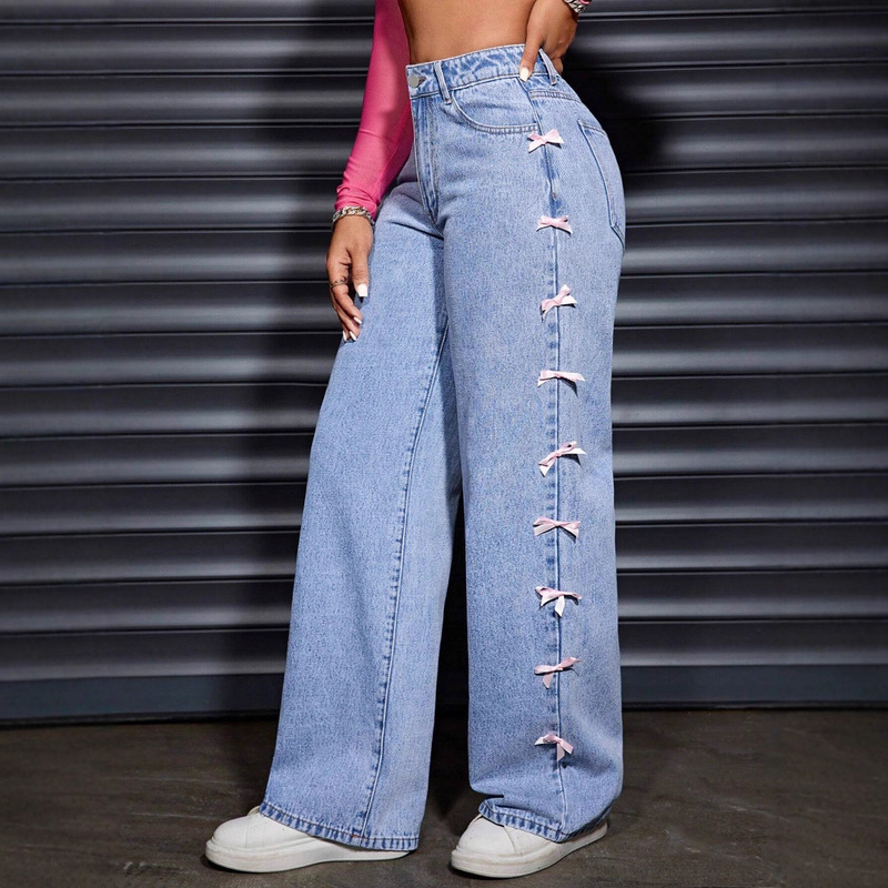 Cross-Border Export New Design Butterfly Ins Style Jeans Wide-Leg Washed High-Waisted Straight Pants Women Jeans
