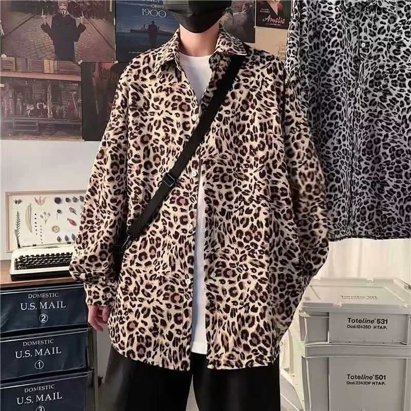 Summer Men's New Leopard Long-sleeved Shirt Men's Korean-style Fashionable Shirt Loose Casual Shirt Jacket Men's