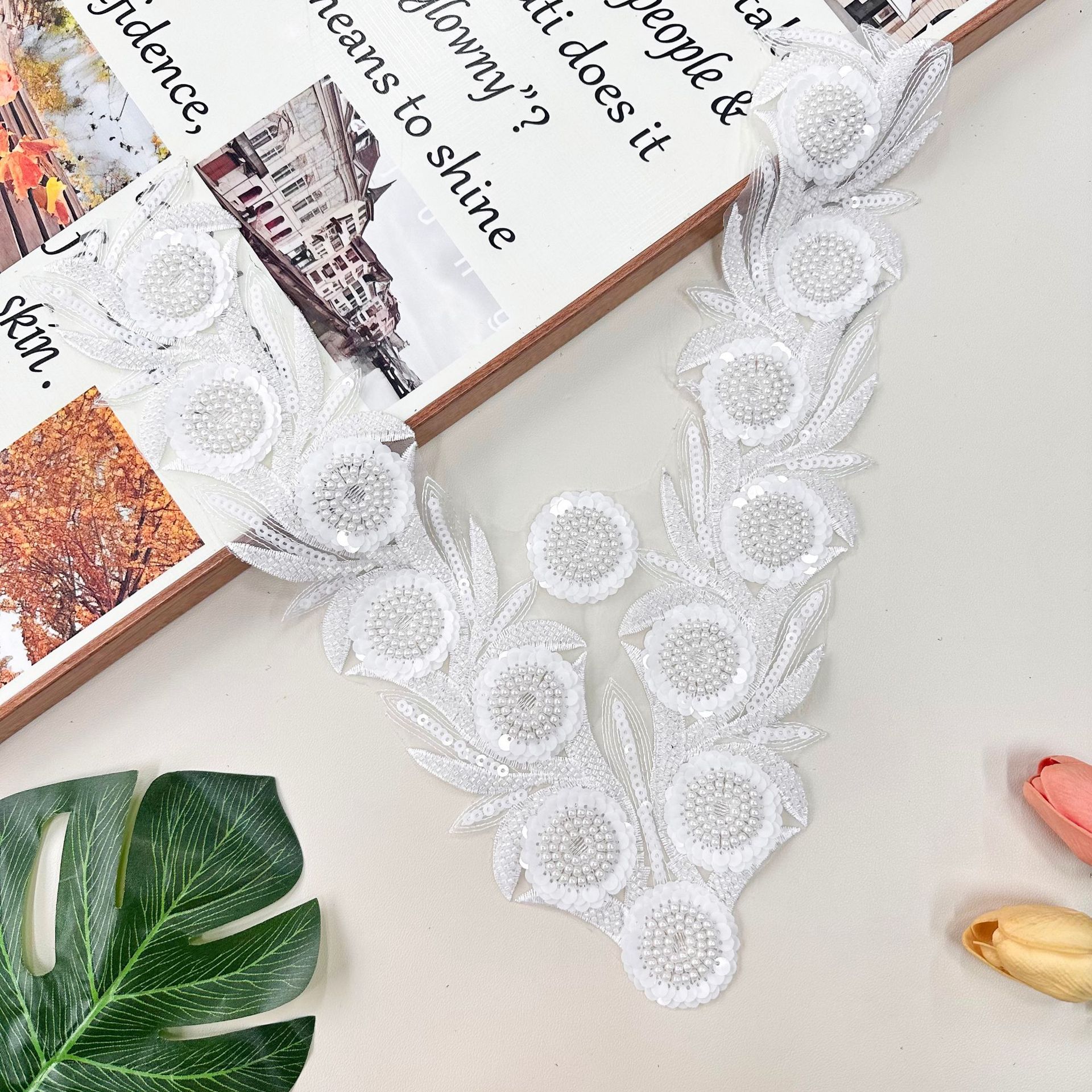 Nuevo punto de partida, bordado con cuentas, pegatinas de encaje, flores, vestido de novia con cuello en V, ropa de actuación, accesorios de cuello delantero para niños, encaje