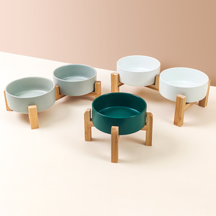 Pet dog food bowl dog food bowl cat bowl ceramic cat bowl raised bamboo frame to protect cervical vertebra drinking bowl from overturning