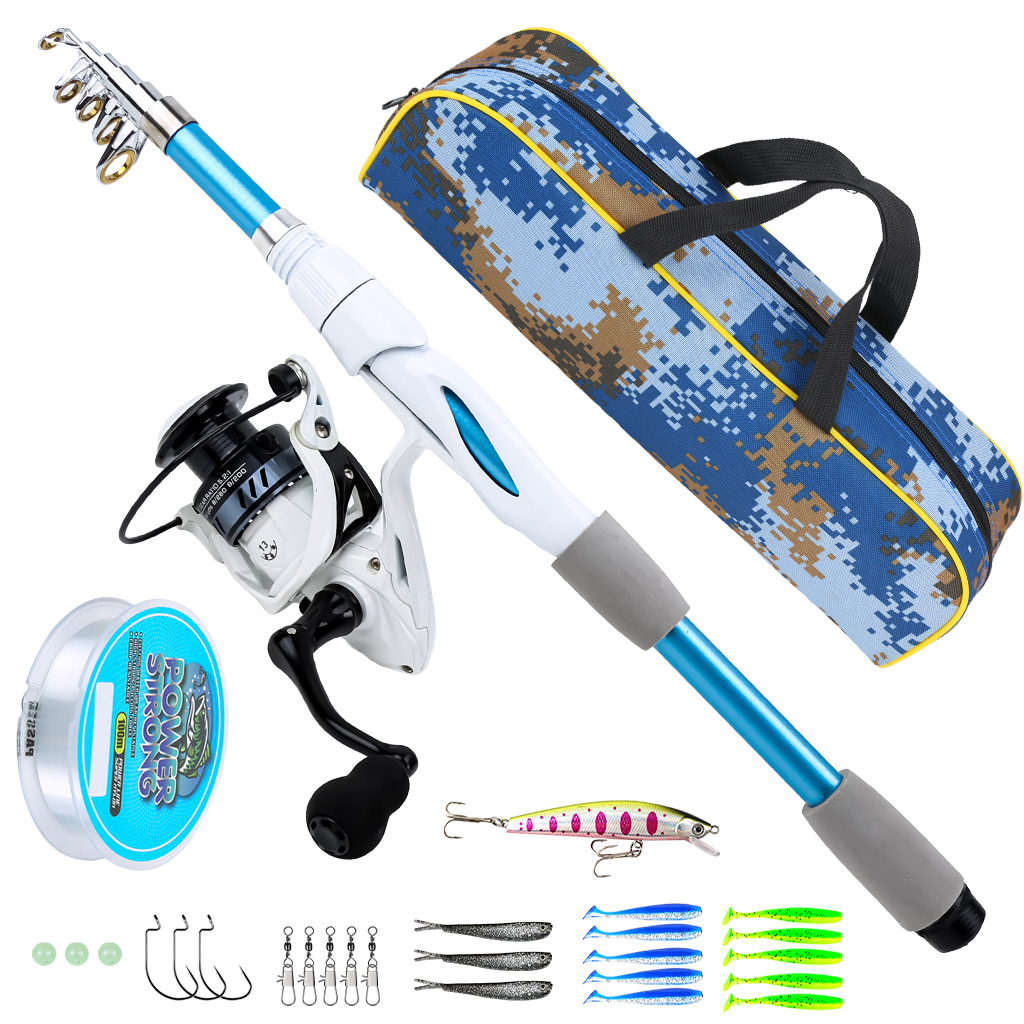 Cross-border fishing gear set: 1.8m blue and white telescopic lure rod, spinning reel, fishing line, artificial bait, wholesale from manufacturer