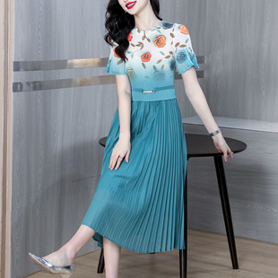 European Station 2025 Summer New Fashion Pleated Round Neck Stitching Slim Fit Slim dress Mid-Length Pleated Skirt