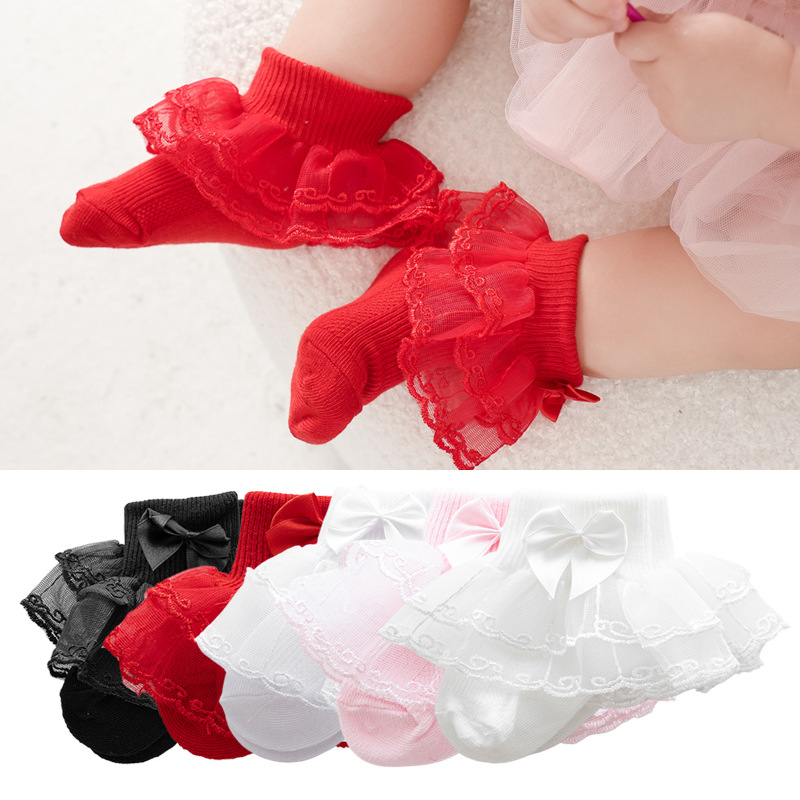 Cross border recommend baby baby autumn and winter bow double layer large lace socks girls lace socks 0-2 years old children's socks