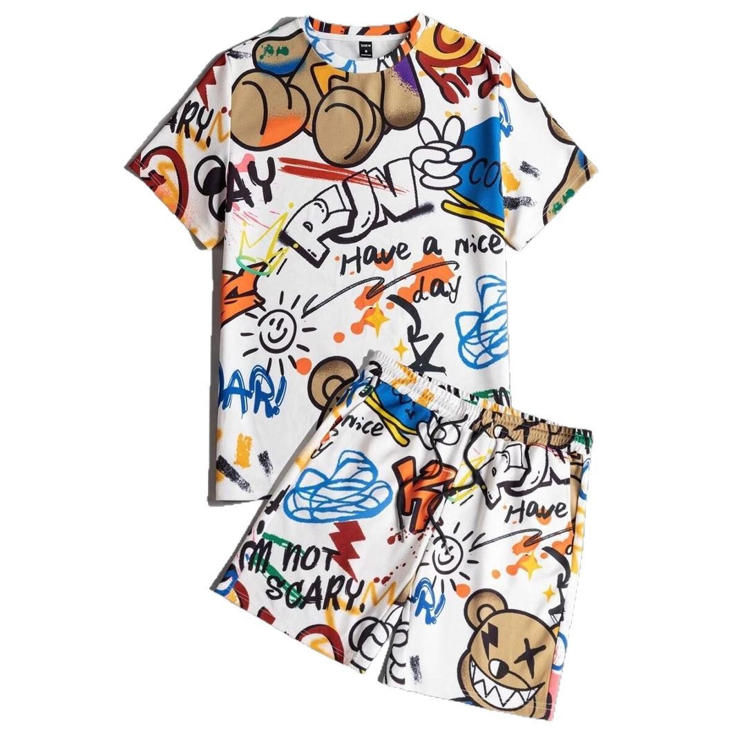 Tendencia colorido graffiti 3D estampado spot traje de hombre camiseta traje de hombre cuello redondo pantalones cortos con cordón de manga corta