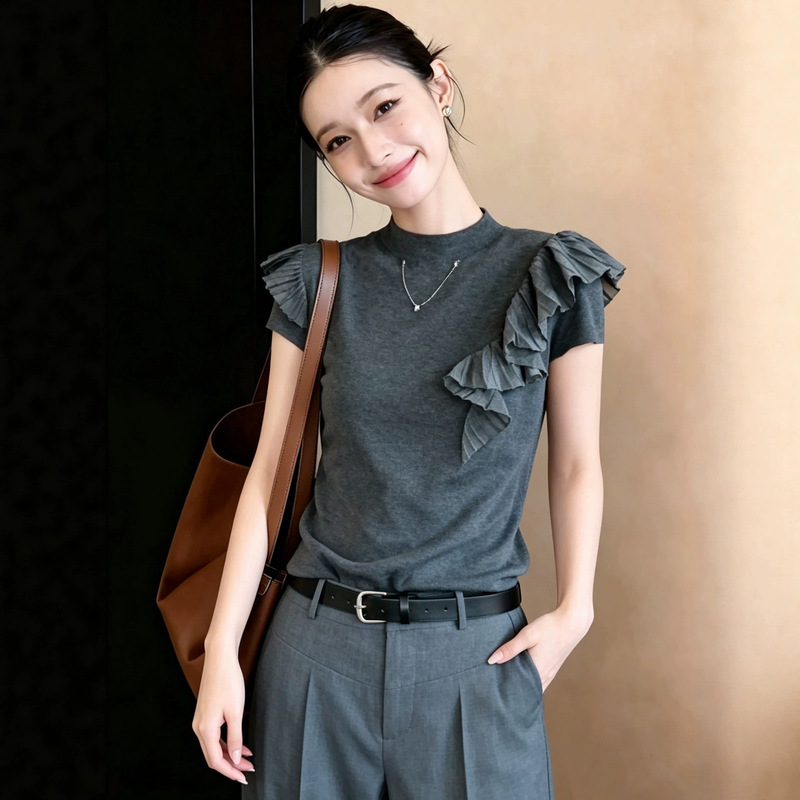 Korean-Style Beautiful Gray Ruffled Short-Sleeve T-Shirt for Women, Unique Irregular Slim-Fit Top for Summer Korean-Style Beautiful Gray Ruffled Short-Sleeve T-Shirt for Women, Unique Irregular Slim-Fit Top for Summer