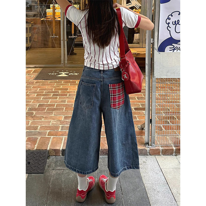 Plus-Size American-Style Plaid Patchwork Wide-Leg Denim Shorts for Women, Summer High-Waisted Loose Casual Slimming Versatile Cropped Pants Plus-Size American-Style Plaid Patchwork Wide-Leg Denim Shorts for Women, Summer High-Waisted Loose Casual Slimming Versatile Cropped Pants