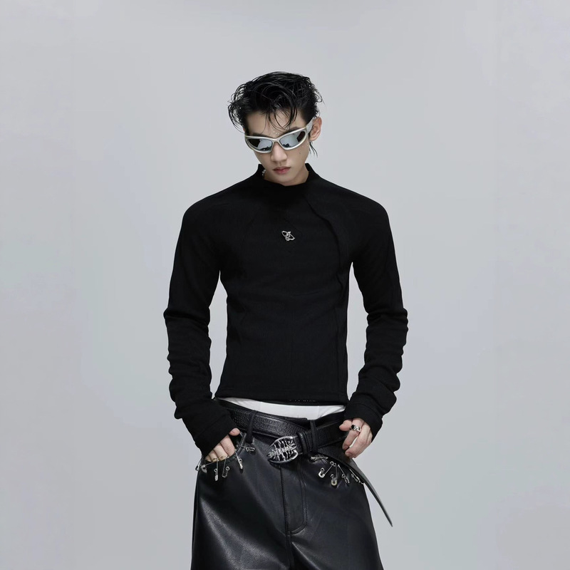 25S Autumn Culture Niche Deconstructed Split Bottoming Shirt Showing Shoulder Width Slim Metal Logo Long-Sleeved T-Shirt for Men