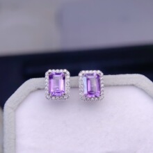 纯天然紫水晶耳钉 颜色超级棒神秘梦幻紫晶体干净5*7mm高档s925纯