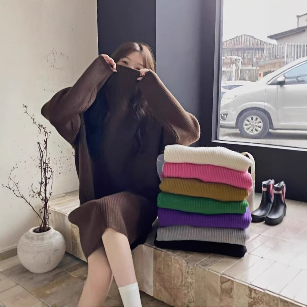 慵懒风高领套头毛衣女秋冬季中长款内搭大码针织打底衫上衣毛衣裙
