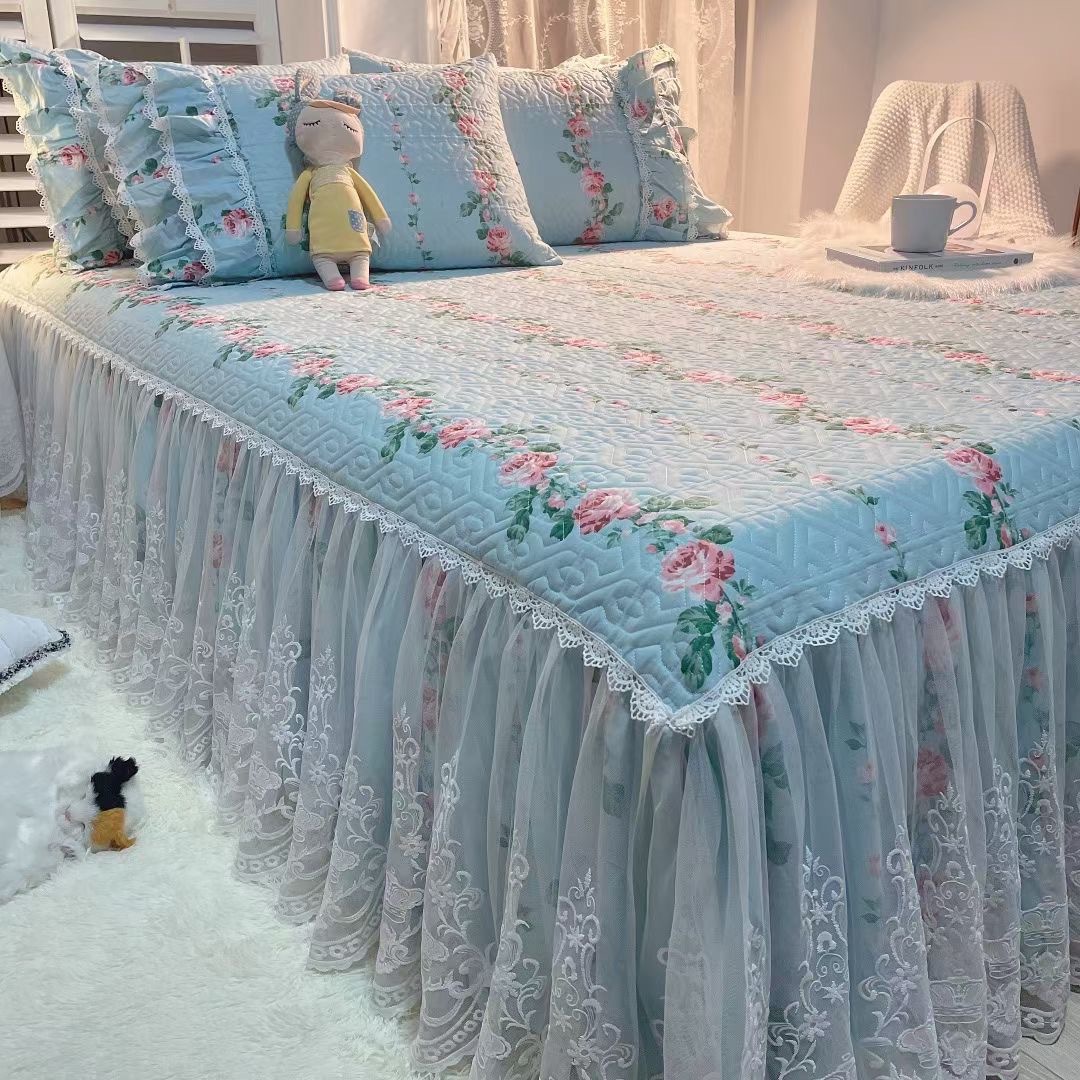 Cotton bed skirt one-piece princess style girl lace bedspread three-piece cotton thickened quilted non-slip skirt bed sheet