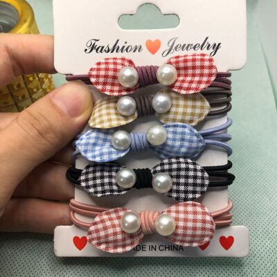 法式布藝蝴蝶結發圈珍珠格子布藝蝴蝶結發繩皮筋小清新發圈飾品